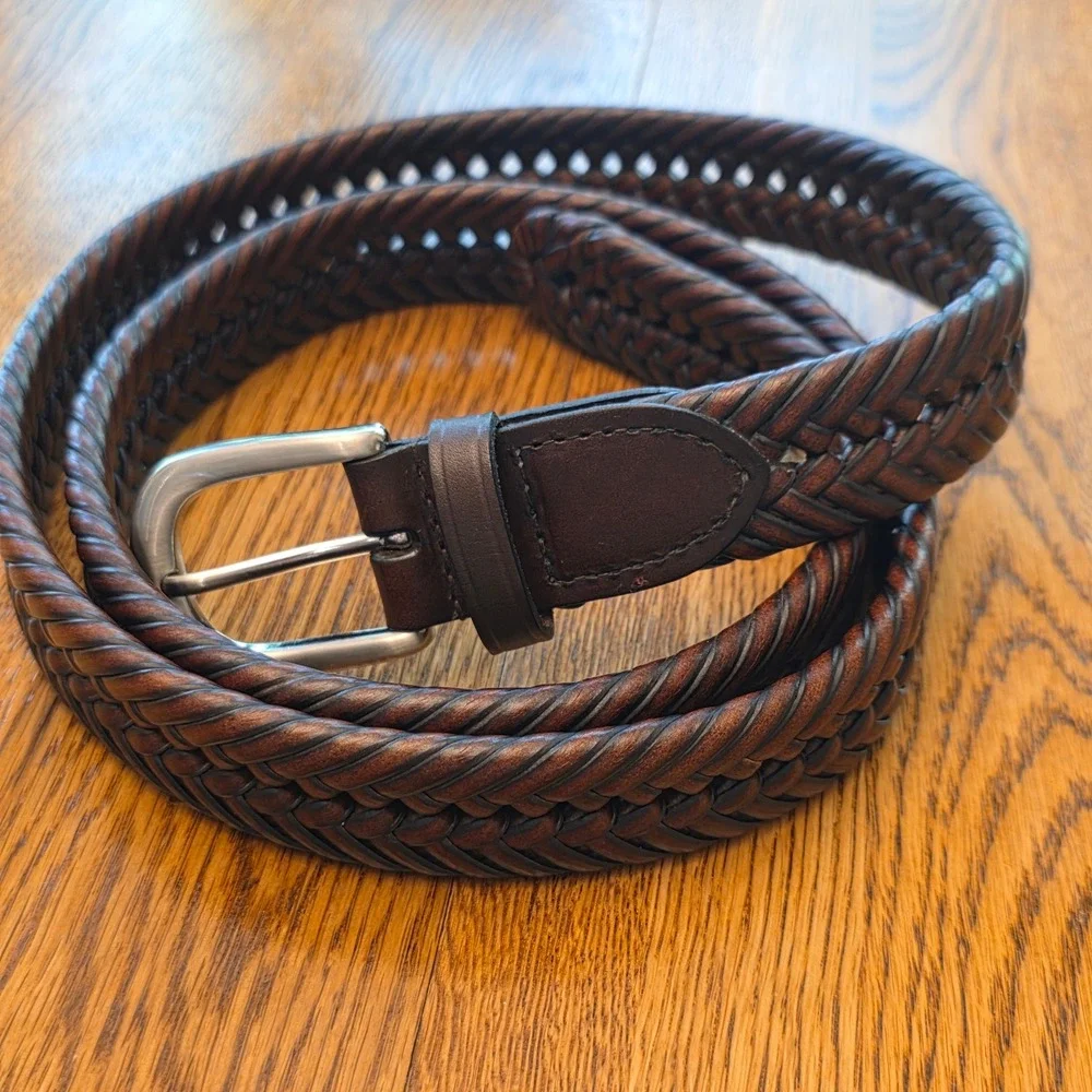 Mens Size 44 Adjustable Brown Genuine Leather Braided Woven Belt Silver Buckle
